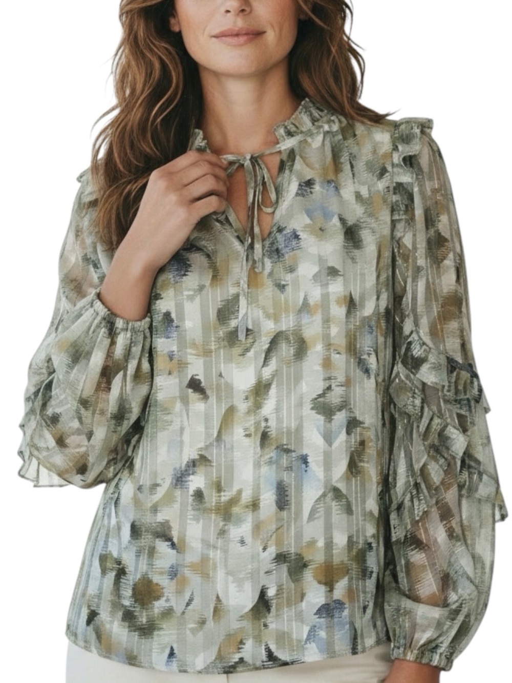 WHITE HOUSE BLACK MARKET Printed Tie Neck Long Sleeve Sheer Blouse Size Small